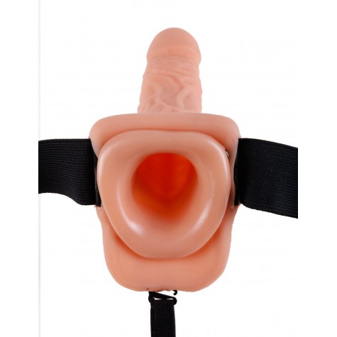 Телесный полый страпон с вибрацией Vibrating Hollow Strap-On with Balls - 24 см.